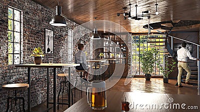 Modern loft bar with brick wall and industrial lamps 3D illustration Cartoon Illustration