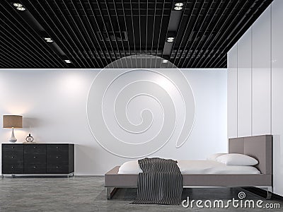 Modern loft bedroom with black steel ceiling 3d rendering image Stock Photo