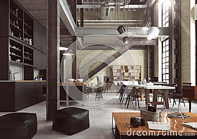 Modern loft designed as an open plan apartment. Stock Photo