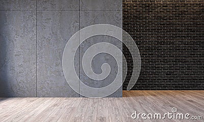 Modern loft interior with architecture concrete cement wall panels, brick wall, concrete floor. Empty room, blank wall. Cartoon Illustration