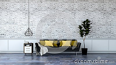 Modern loft interior design,black furniture on marble flooring and white brick wall /3d render Stock Photo