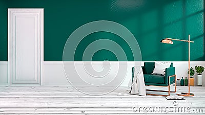 Modern loft interior of living room with green armchairs on white flooring and dark green wall.empty room,3d rendering Stock Photo