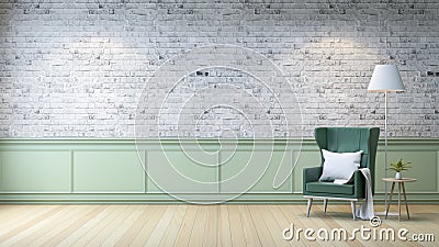 Modern loft interior,living room, white wood flooring, green armchair with table and white lamp on bright gray bricks wall backg Stock Photo