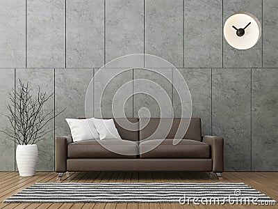 Modern loft living with brown leather sofa 3d rendering image Stock Photo