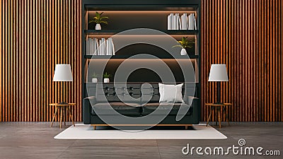 Modern loft living room interior design ,Black sofa with black bookcase and old wood wall /3d render Stock Photo