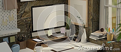 Modern loft office studio workspace interior with pc computer over stone wall Cartoon Illustration