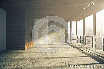 Modern loft style empty room with windows in floor at sunrise Stock Photo