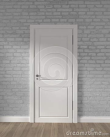 Modern loft white door and white brick wall on wooden floor. 3D rendering Stock Photo