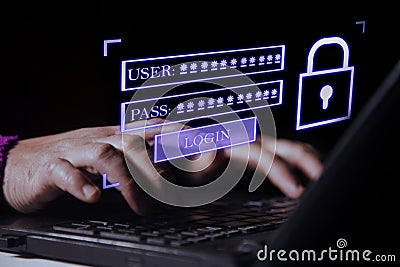 A modern login interface concept showing username and password fields on a laptop screen, with a hand interacting with the login Stock Photo