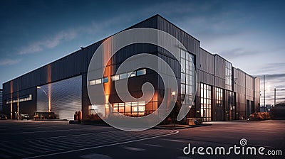 Modern logistics warehouse illuminated at evening. Stock Photo