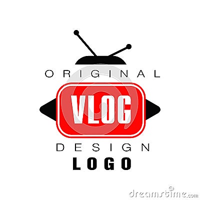 Vector logo design for vlog or videoblog. Emblem with TV antenna, play buttons and place for text. Internet video Vector Illustration
