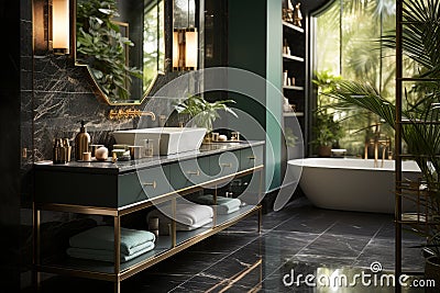 A modern look mirror and sink cabinet in an elegant bathroom, in the style of baroque dramatic lighting. Generative AI Stock Photo