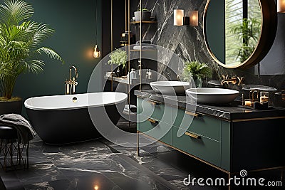 A modern look mirror and sink cabinet in an elegant bathroom, in the style of baroque dramatic lighting. Generative AI Stock Photo