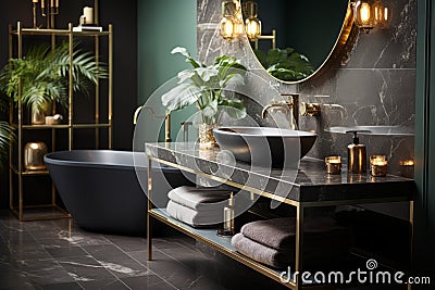 A modern look mirror and sink cabinet in an elegant bathroom, in the style of baroque dramatic lighting. Generative AI Stock Photo