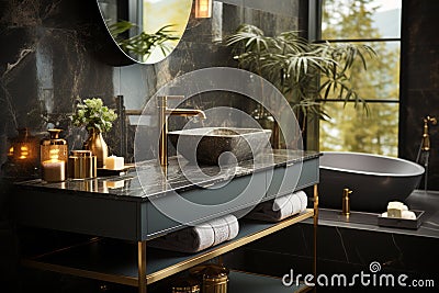 A modern look mirror and sink cabinet in an elegant bathroom, in the style of baroque dramatic lighting. Generative AI Stock Photo