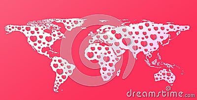 Modern Lover World map with Pink Hearts Paper Art style,vector. Vector Illustration