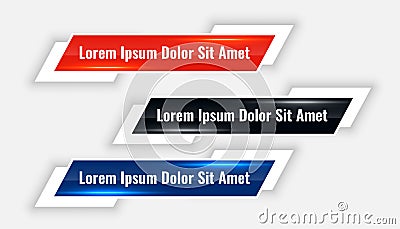 Modern lower thirds banner set in three colors Vector Illustration