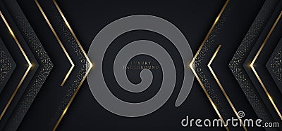 Modern luxury banner template design black triangles and golden glitter 3D gold stripes line light sparking on dark background Vector Illustration