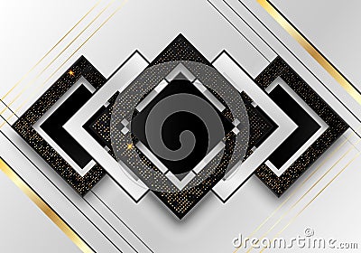Modern luxury banner template design black triangles and golden glitter 3D gold stripes line light sparking on dark background Cartoon Illustration