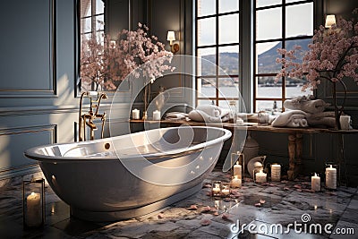 Modern luxury bathroom design. Romantic mood: candles, sakura, rose petals scattered on the floor Stock Photo