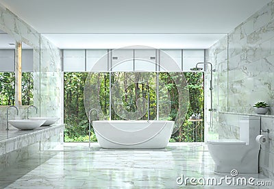 Modern luxury bathroom with nature view 3d rendering image Stock Photo