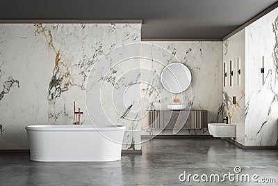 Modern luxury bathroom, white marble walls, bathtub, concrete floor, Stock Photo
