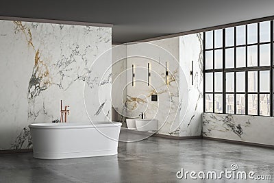 Modern luxury bathroom, white marble walls, bathtub, concrete floor, i Stock Photo