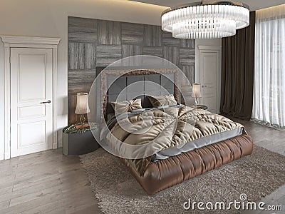 Modern luxury bed in art deco style with quilt and wooden headboard of parquet. Bedroom in brown colors Stock Photo
