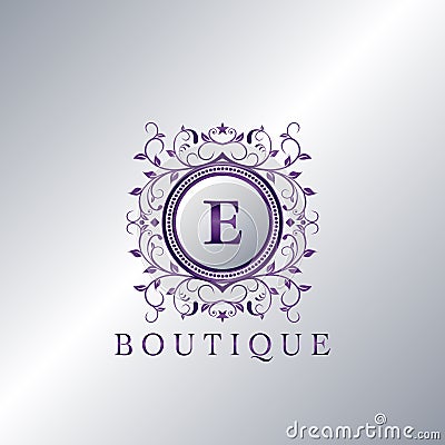 Modern Luxury Boutique Letter E logo. Unique elegance design floral ornament with purple metal circle frame vector design Vector Illustration
