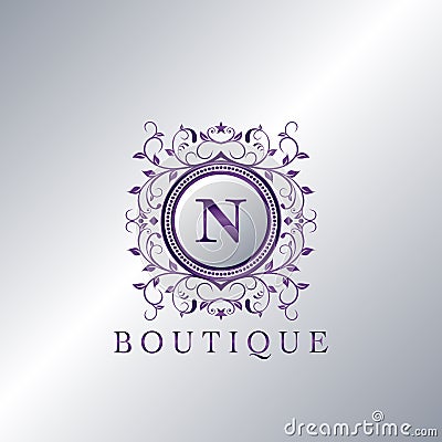 Modern Luxury Boutique Letter N logo. Unique elegance design floral ornament with purple metal circle frame vector design Vector Illustration