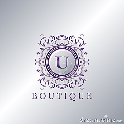 Modern Luxury Boutique Letter U logo. Unique elegance design floral ornament with purple metal circle frame vector design Vector Illustration