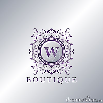 Modern Luxury Boutique Letter W logo. Unique elegance design floral ornament with purple metal circle frame vector design Vector Illustration