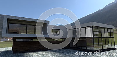 Modern luxury building at the foot of the mountain. Wall decoration facade board. Mirrored windows reflect the environment. 3d Stock Photo