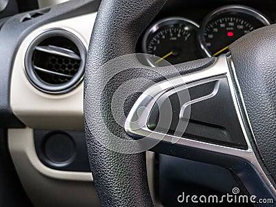 Modern luxury car interior steering wheel and dashboard speedometer display Stock Photo