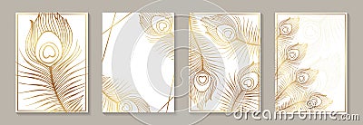 Luxury card template with golden peacock feathers on a white Vector Illustration