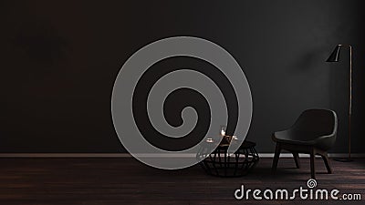 Modern luxury dark living room interior background with grey armchair in night light, dark room interior mock up, black empty wall Stock Photo