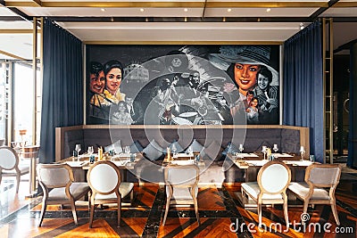 Modern luxury decorated interior restaurant that can view Bangkok cityscape. Elegant design for fine dining Editorial Stock Photo