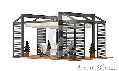 Modern luxury garden pergola. With plants and furniture. Isolated on white background. Stock Photo