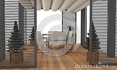 Modern luxury garden pergola. With plants and furniture. Isolated on white background. Stock Photo