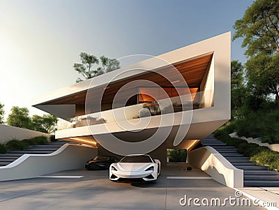 Modern Luxury Home with Supercars Stock Photo