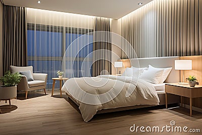 Modern luxury hotel bedroom interior with minimalist design, featuring elegant furnishings and an inviting ambiance. Stock Photo
