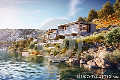 Modern luxury house, villa with panoramic windows by water in mountains. Landscape with residential mansion, river, forest and sky Stock Photo