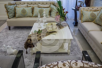 Modern luxury interior home design teapoy sofa parlor living room villa Stock Photo