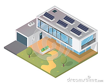 Modern Luxury Isometric Green Eco Friendly House With Solar Panel Vector Illustration