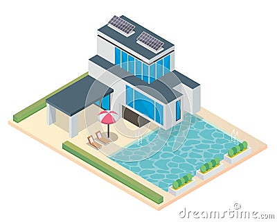 Modern Luxury Isometric Green Eco Friendly House With Solar Panel Vector Illustration