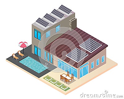 Modern Luxury Isometric Green Eco Friendly House With Solar Panel Vector Illustration