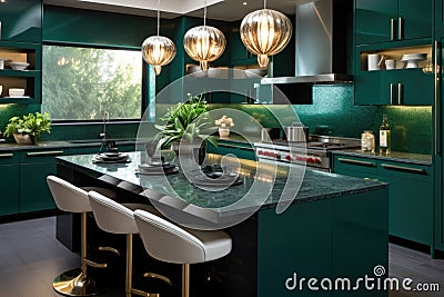 Modern luxury kitchen interior design with green marble countertop, sink and island Stock Photo