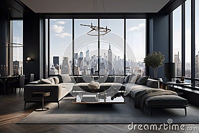 Modern Luxury Living Room with Elegant Couch and Breathtaking View Stock Photo