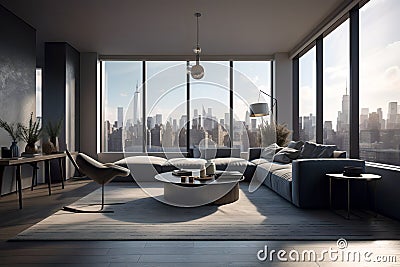 Modern Luxury Living Room with Elegant Couch and Breathtaking View Stock Photo