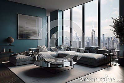 Modern Luxury Living Room with Elegant Couch and Breathtaking View Stock Photo